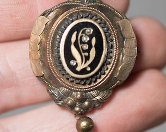 Antique Gold 19th Century Victorian Mourning Brooch with Black Enamel May 1878