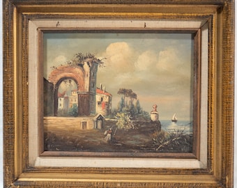 Vintage Italian Oil Painting Seaside Coastal Village Illegibly Signed & Framed