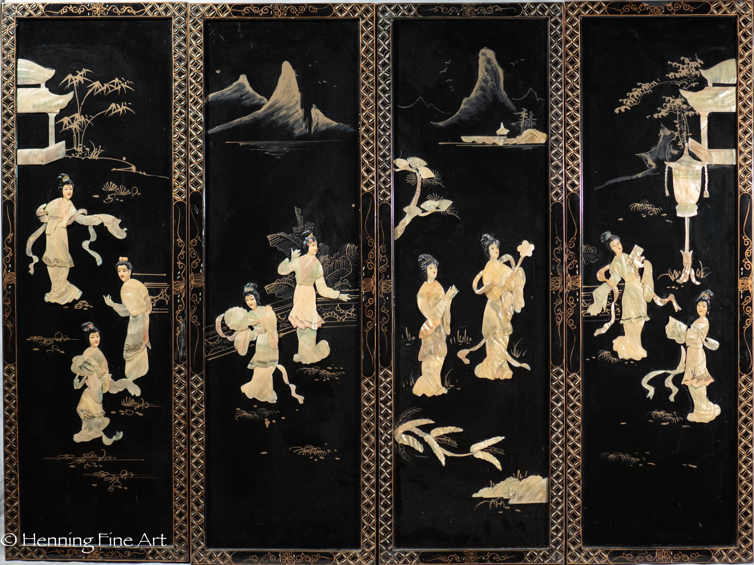 Beautiful Mid Century Chinese Black Lacquer Wall Panels Set of 4