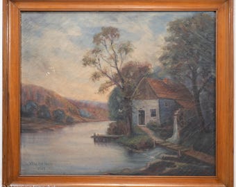 Beautiful Antique River Valley Landscape Painting Sunset by Walter Neis 26x30"