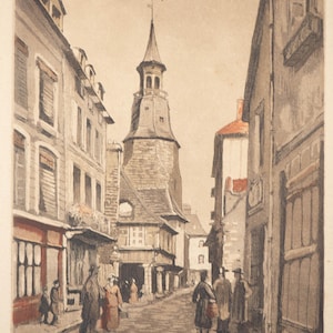 May include: A black and white illustration of a street scene in a European town. The street is lined with buildings, and there is a tall tower in the center of the image. People are walking down the street, and there are trees and other details in the background. The artist's signature, "J. Regraten", is in the bottom right corner.