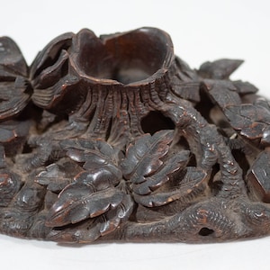 Beautiful Antique Black Forest Carved Wood Inkwell Tree Stump and Foliage, Fine!