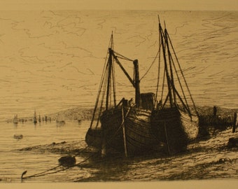 On New York Bay" Original Etching from Henry Farrer 1889 BEAUTIFUL Listed Art!