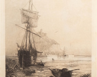 May include: A black and white etching of a ship docked at a harbor. The ship has a large sail and is surrounded by smaller boats. In the background, a hill with a castle on top can be seen.