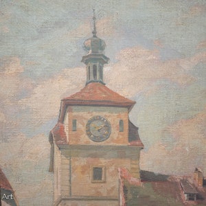 May include: A painting of a clock tower with a red roof and a white face. The clock tower is set against a light blue sky with white clouds.