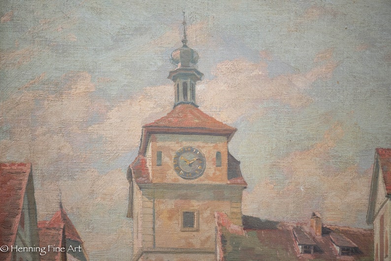 May include: A painting of a clock tower with a red roof and a white face. The clock tower is set against a light blue sky with white clouds.