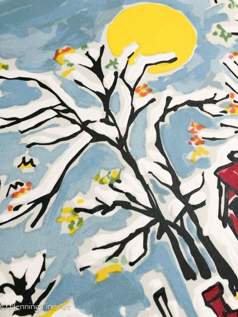 K&ouml;nnte beinhalten: Ein stilisiertes Gem&auml;lde eines Baumes mit schwarzen &Auml;sten und einer gelben Sonne im Hintergrund. Der Baum hat rote, gelbe und gr&uuml;ne Bl&auml;tter. Der Hintergrund ist hellblau.