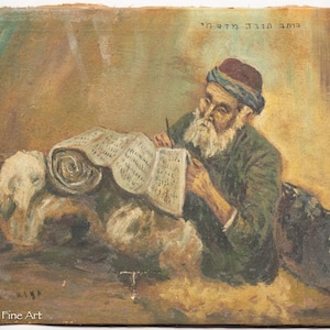 May include: An aged man with a long white beard and a maroon and blue head covering is depicted writing on a scroll. The painting has a vintage aesthetic, with text in the upper portion of the image.