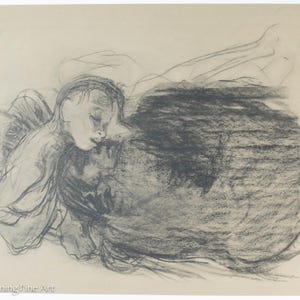Vintage Kathe Kollwitz Lithograph Tragic Mother & Child Scene on Fine Laid Paper