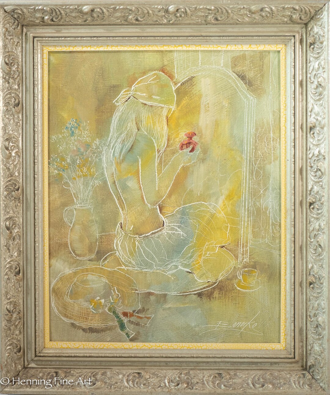 Beautiful Vintage Nude Oil Painting Portrait Woman With Perfume Bottle