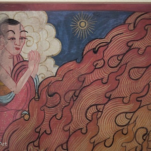 May include: A painting of a person in a red robe with their hands clasped in prayer. The person is surrounded by a swirling, red and gold pattern.
