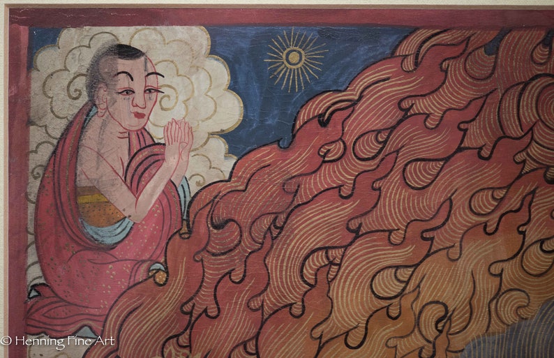 May include: A painting of a person in a red robe with their hands clasped in prayer. The person is surrounded by a swirling, red and gold pattern.
