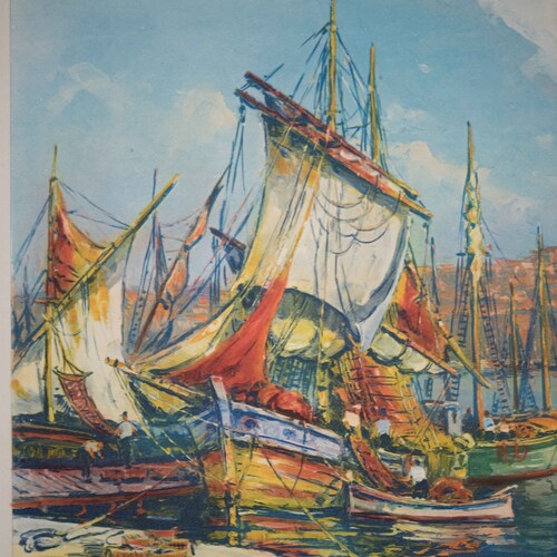 Beautiful Mid Century Signed European shops Print Illegibly Signed, Boat Harbor City