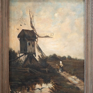 Beautiful Antique Dutch Impressionist Oil Painting Windmill Landscape, Signed