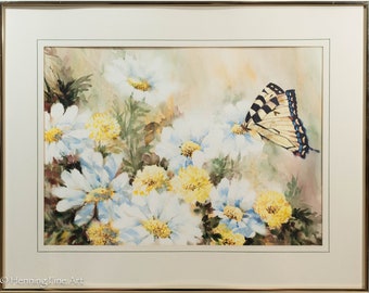 Beautiful Vintage Painting of Yellow Swallowtail Butterfly in Flowers Signed