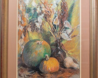 Beautiful Helen Fleck Pastel Painting Pumpkin Still Life New Hope, Rare & FINE!