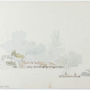 Antique English Watercolor of a View of Village from River, Riverscape Verso C. 1810