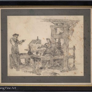 Printing Press Etching Two Men Making Sheet Music Antique Print