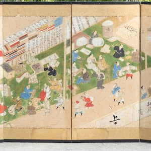 Beautiful Antique Japanese Painted Folding Screen of Silk Making Marketplace c. 1850 Rare