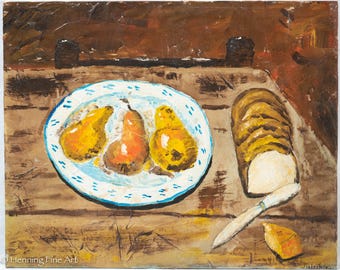 Beautiful Vintage Oil Painting by Esther Robertson Still Life Pears Bread Cheese