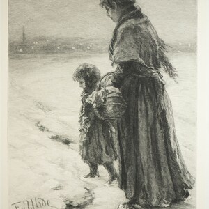Beautiful Antique Fritz von Hude Etching Mother and Child in Snowy Landscape