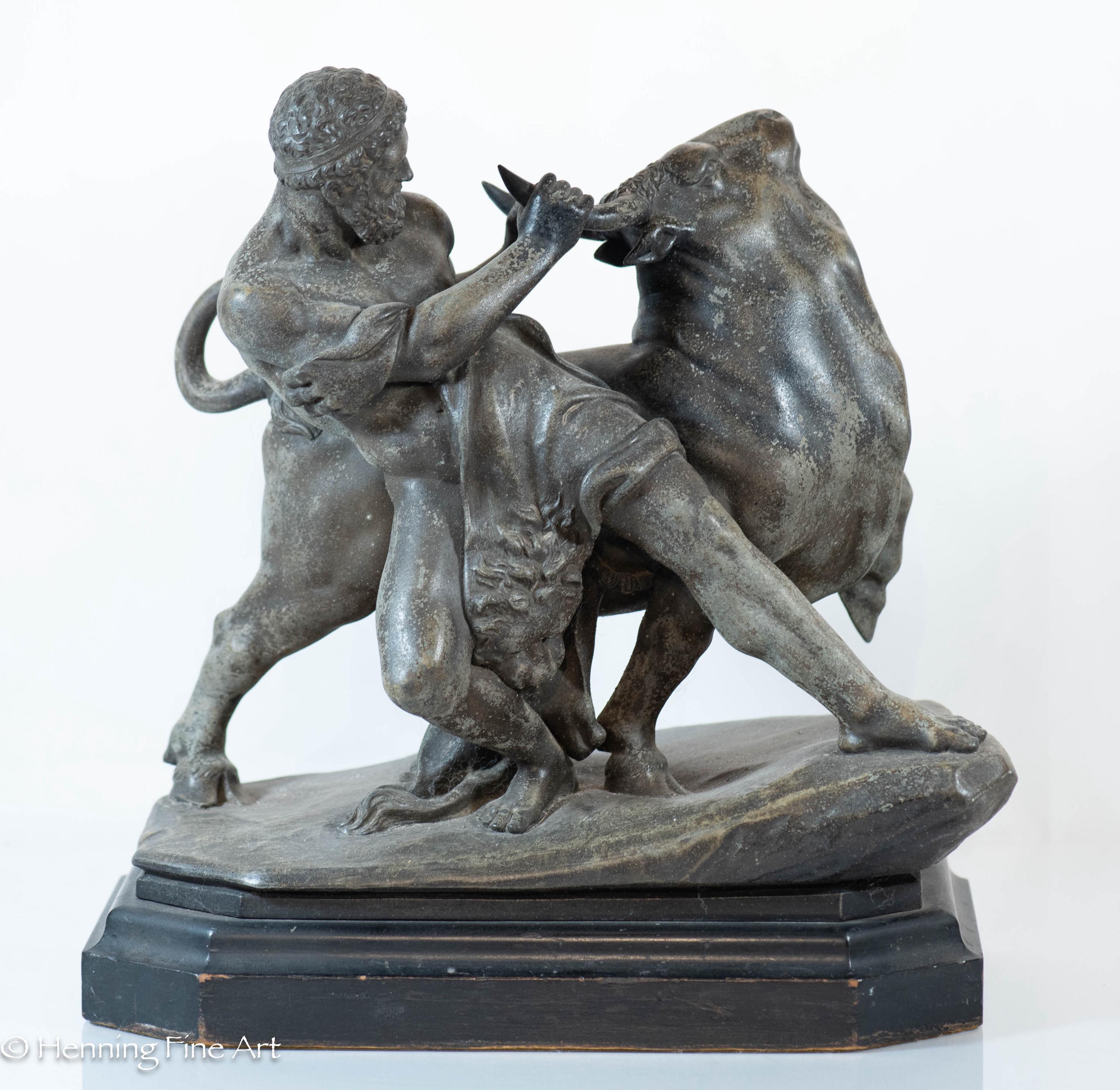 Stunning Antique Sculpture Hercules Wrestling the Cretan Bull Aft