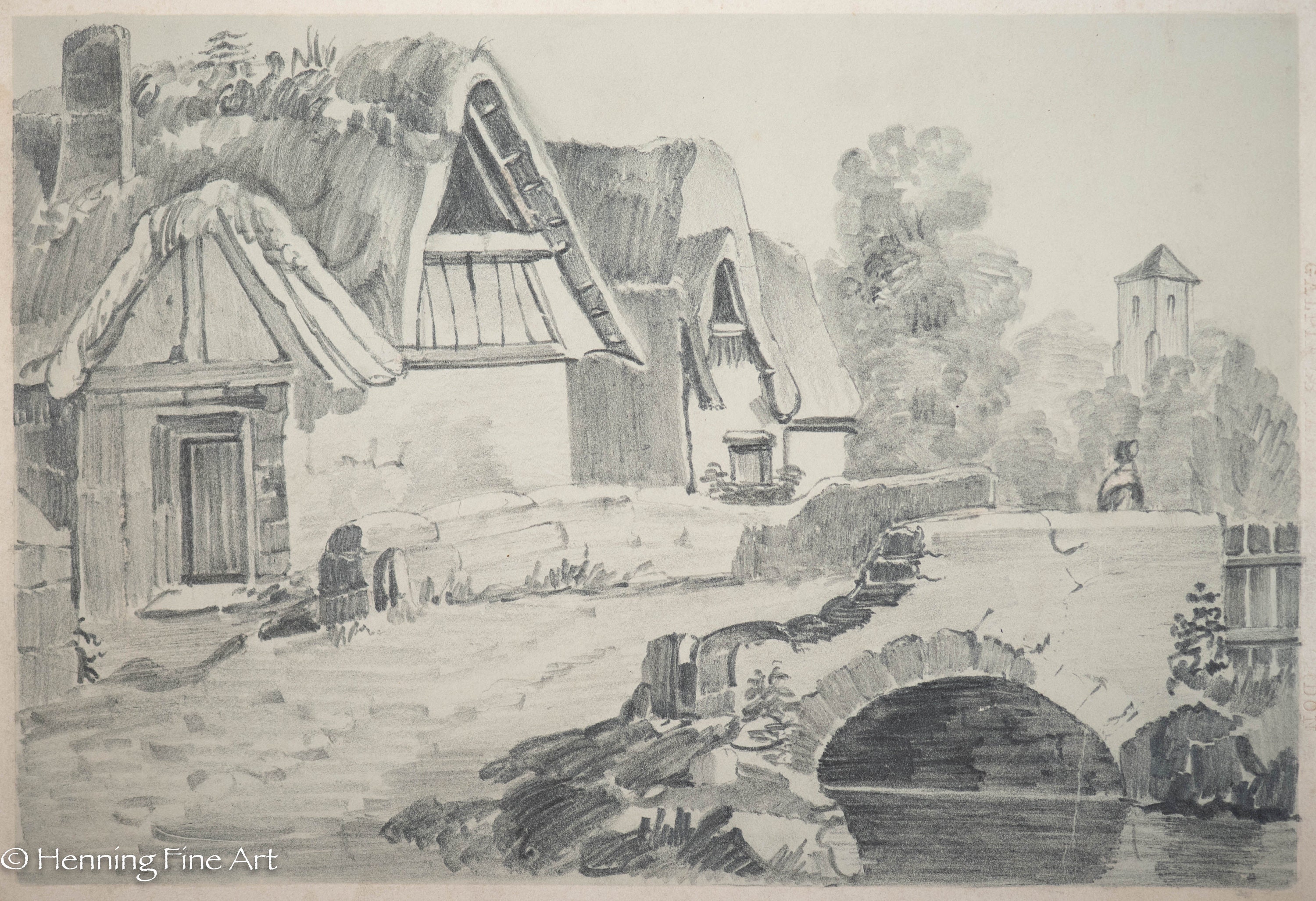 Beautiful Antique English Pencil Drawing of Thatched Roof Village Arch ...