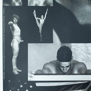 May include: Monochrome poster with various athletic figures. It features a swimmer, a fencer, a gymnast, and a man holding the American flag. The poster is labelled "Henning Fine Art" and includes the Ray-Ban trademark.