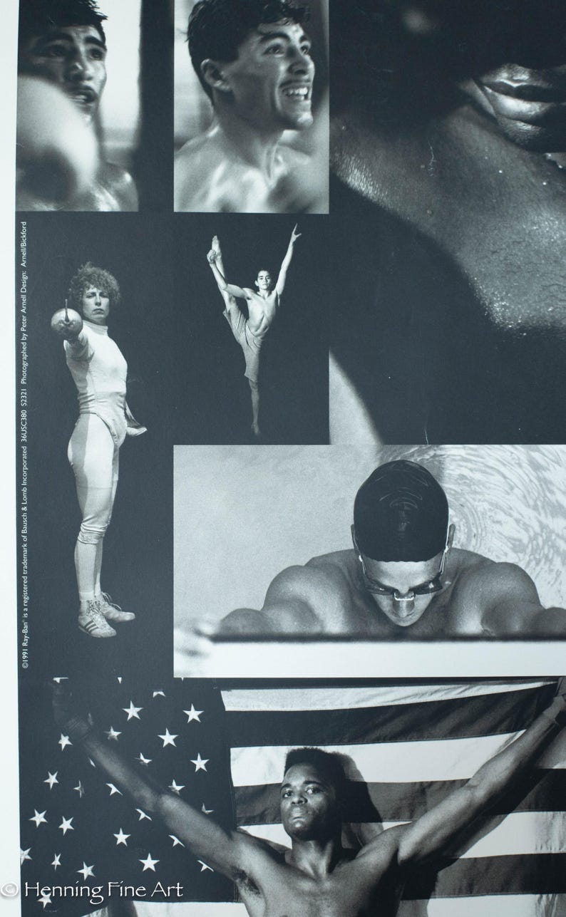 May include: Monochrome poster with various athletic figures. It features a swimmer, a fencer, a gymnast, and a man holding the American flag. The poster is labelled "Henning Fine Art" and includes the Ray-Ban trademark.