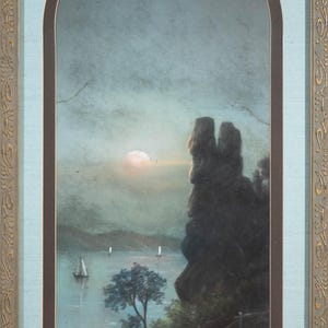 Beautiful Antique Moonlit River Valley Landscape Painting River Mountains Signed