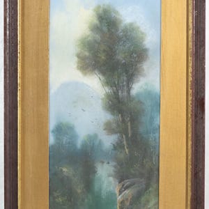 Antique Painting of Traditional Mountain Landscape with Waterfall Signed Calveri