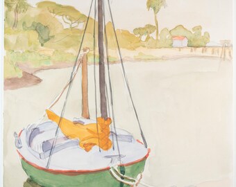 Beautiful Vintage Tropical Watercolor of Coastal Landscape w/ Sailboat, Unsigned
