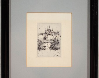 Beautiful Vintage Lithograph of Prague Castle Pražský hrad, Framed & Fine