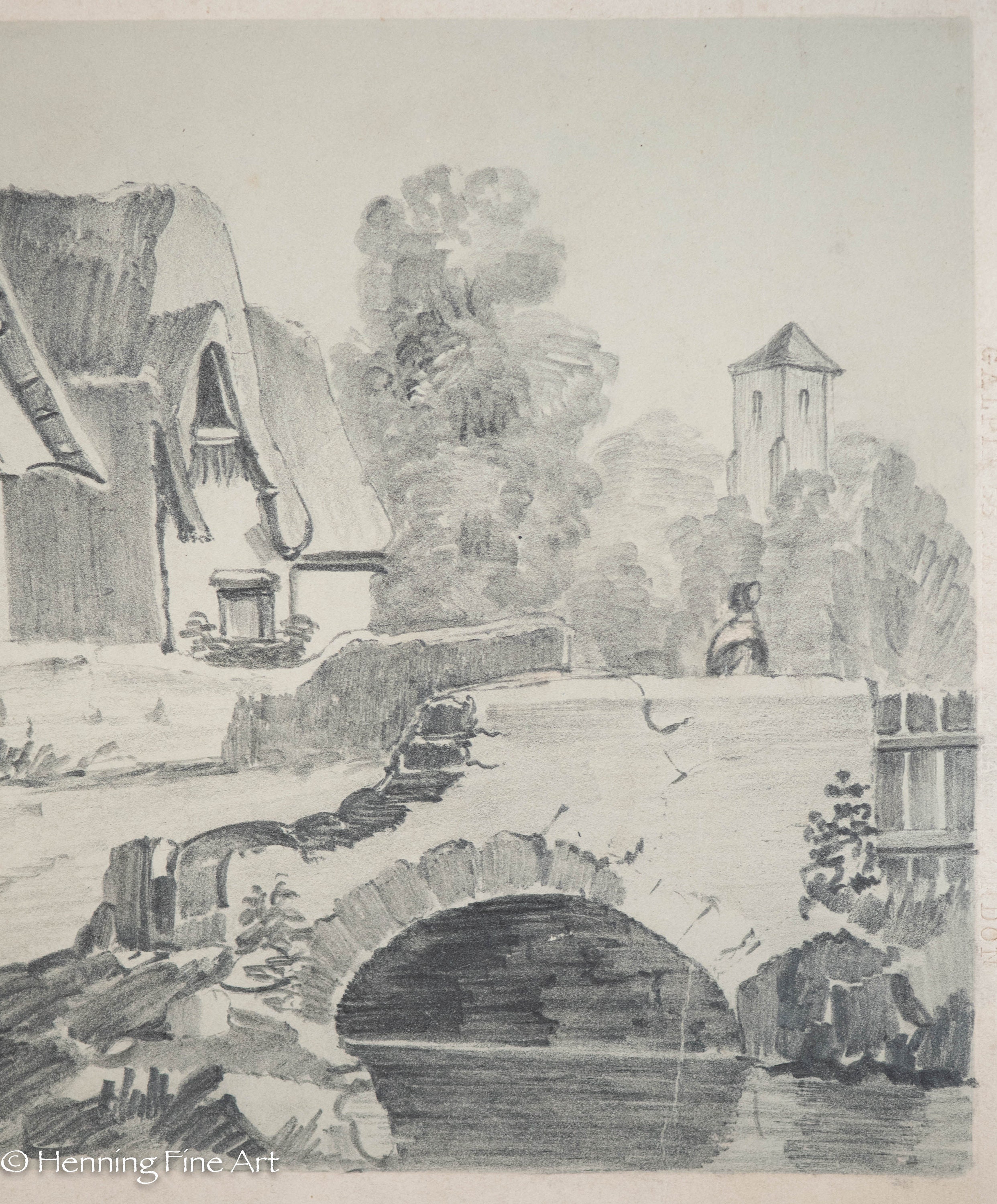 Beautiful Antique English Pencil Drawing of Thatched Roof Village Arch ...