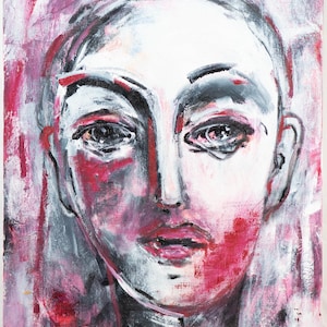 May include: Abstract portrait painting with a focus on a face. The artwork uses a palette of white, pink, red, and black. The face is rendered with bold brushstrokes, creating a textured effect. The painting is signed by the artist.