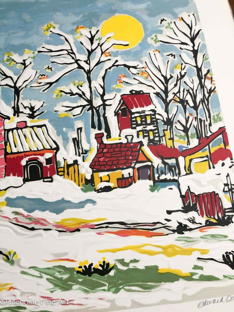K&ouml;nnte beinhalten: Ein farbenfrohes Gem&auml;lde einer verschneiten Winterlandschaft mit roten und gelben H&auml;usern, B&auml;umen und einer strahlend gelben Sonne am Himmel. Das Gem&auml;lde ist unten rechts mit "Edward So" signiert.