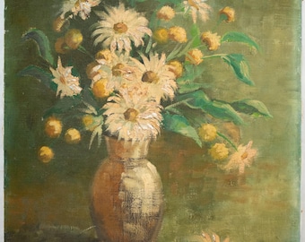 Charming Mid Century Impressionist Oil Painting of White Daisies Walter Baldwin 20x16"