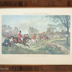 Beautiful Vintage English Fox Hunting Landscape Lithograph, Burl Wood Frame 2/2