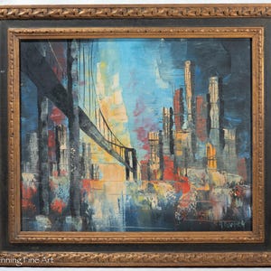 Stunning Vintage Colorful Expressionist Oil Painting of Modernist Skyline Signed