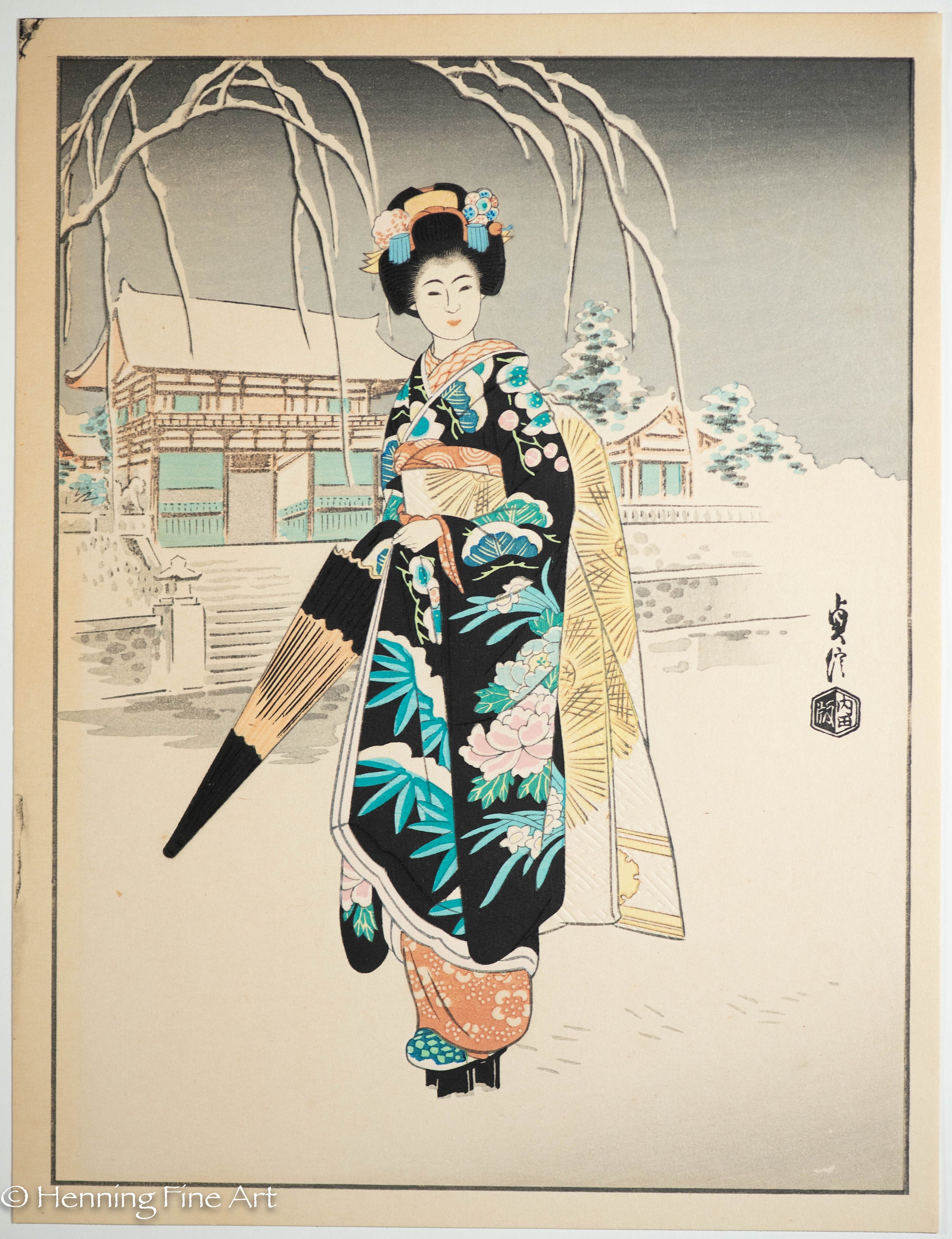 アートピース　美しい白の襤褸　japanvintage　boro Beautiful Vintage Japanese Woodblock Print Geisha in Winter