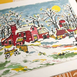 K&ouml;nnte beinhalten: Ein farbenfrohes Gem&auml;lde einer verschneiten Winterlandschaft mit einem roten Scheunen, H&auml;usern und B&auml;umen. Der Himmel ist blau mit einer gelben Sonne. Das Gem&auml;lde ist unten rechts mit "Oliver Cox" signiert.