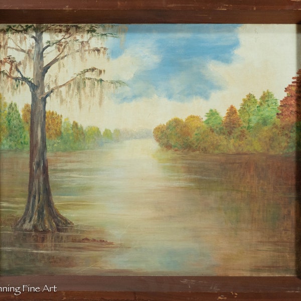 Rare Antique Florida River Landscape Folk Art Oil Painting Pre Highwaymen Signed