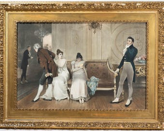 Beautiful Antique Regency Era Lithograph Lavish Interior Party Women in Silk FINE & Framed