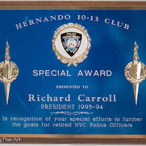 Vintage City of New York Police Department President Service Award Plaque, Rare 2