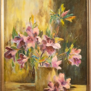 Stunning Vintage Helen M Geisler Oil Painting Pink Floral Still Life & Landscape