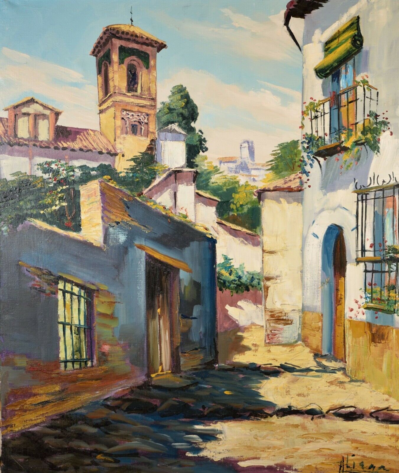 Beautiful Vintage Oil Painting Spanish Cityscape Illegibly Etsy