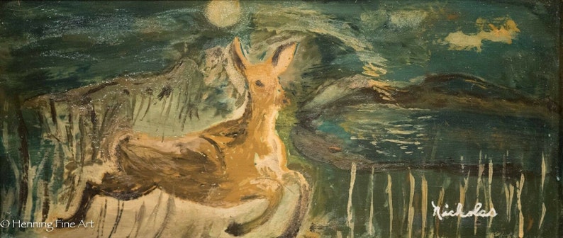 American Oil Painting Naive Art Movement of Doe in Night Landscape by Nicholas