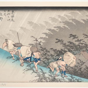 Vintage Japanese Woodblock Print by Utagawa Hiroshige Driving Rain at Shono 53