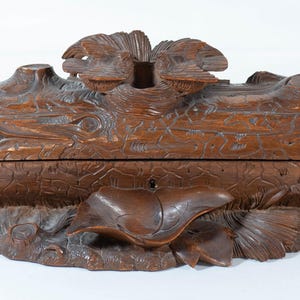 Stunning Antique Black Forest Carved Box, Tree Log with Birds Nest and Foliage