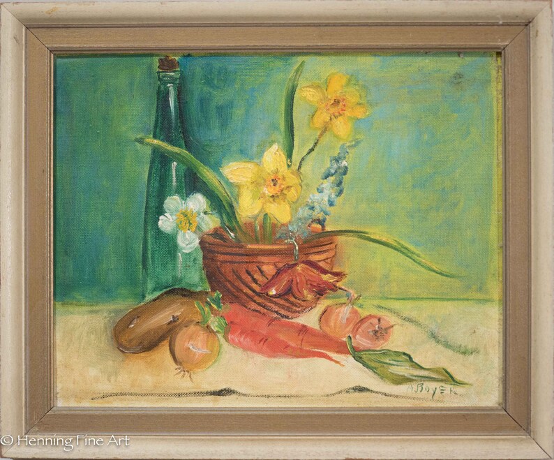 Vintage Oil Painting shops Floral Still Life with Vegetables Signed A. Boyer, Framed